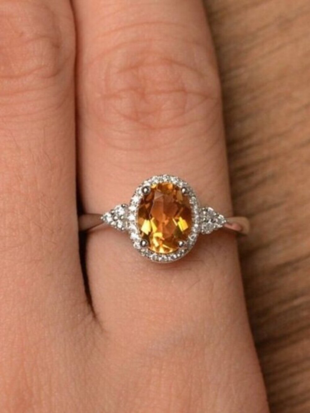 Sterling Silver 925 Oval Citrine & Moissanite Halo Ring